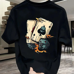Men's poker dice print pattern round neck breathable T-shirt
