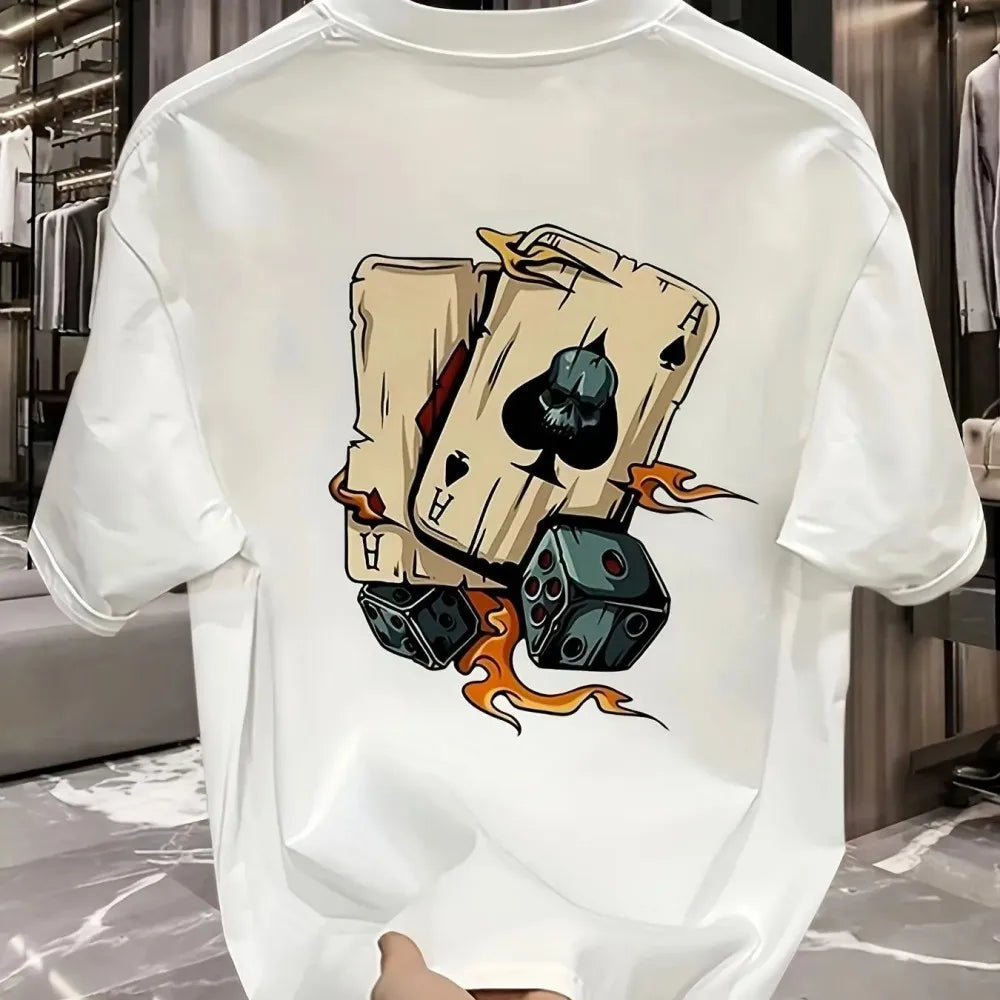 Men's poker dice print pattern round neck breathable T-shirt